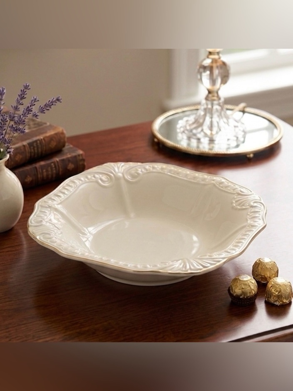 LENOX Chadwick 8.5" Candy Dish Bowl Embossed Cream Porcelain Gold Trim USA